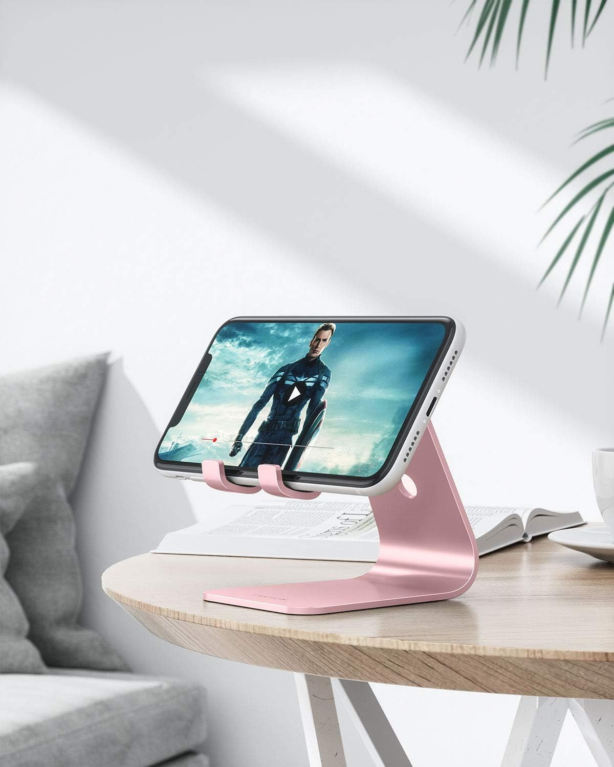 Upgraded Aluminum Cell Phone Stand for Desk, C1 Durable Cellphone Dock with Protective Pads, Smart Stand Designed for iPhone16, 15/14/13/12 Pro Max XR XS, iPad Mini, Android Phones,Rose Gold