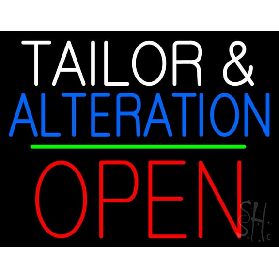 Tailor and Alteration Block Open Green Line LED Neon Sign 24" Tall x 31" Wide - inches, Black Square Cut Acrylic Backing, with Dimmer - Bright and Premium built indoor LED Neon Sign for Storefront.