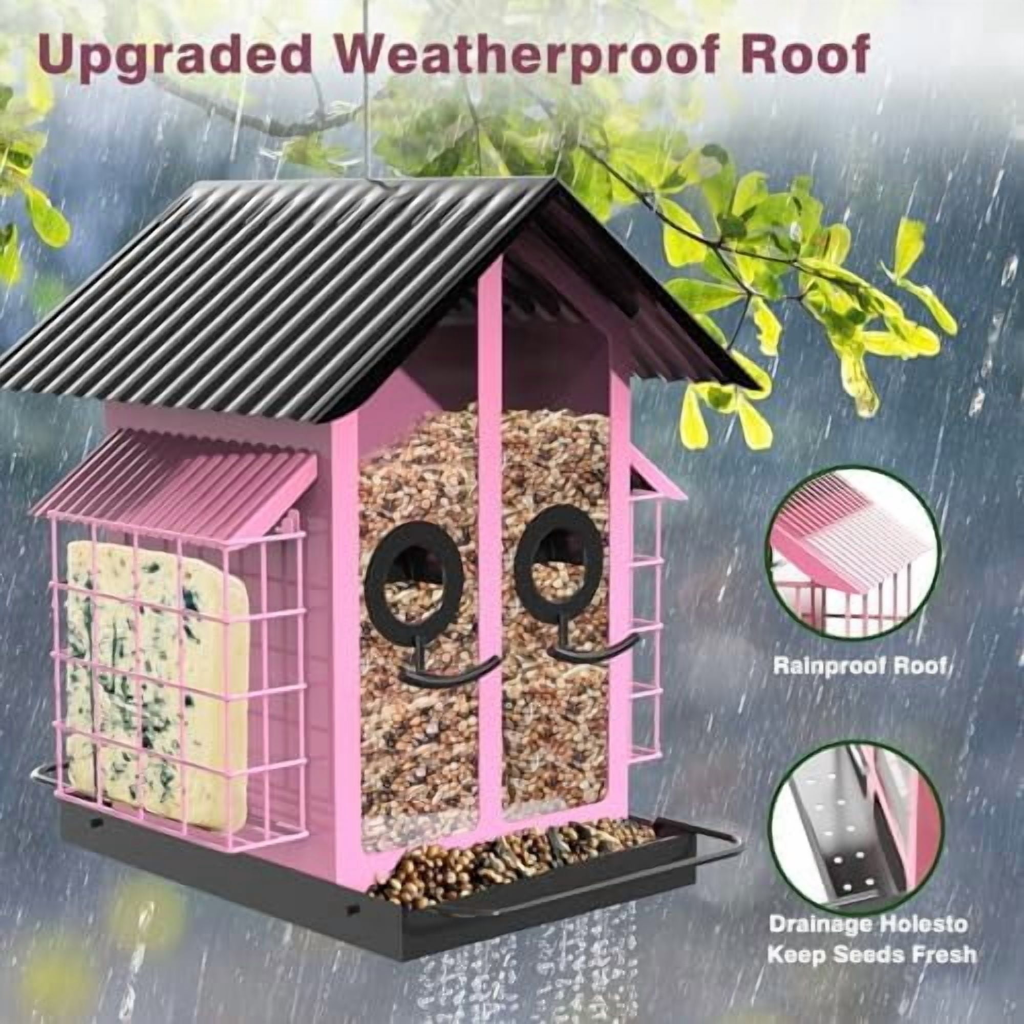 Bird Feeders for Outdoors, Metal Bird Feeder with Double Suet Cage Weatherproof Metal Roof, 2 in 1 Mixed Seeds Suet Feeder, 4Lbs Large Capacity, Great for Finch、Cardinal、Chickadee（Pink）