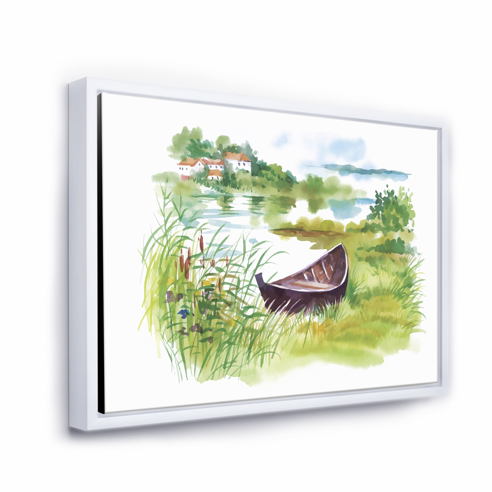 Designart 'Rural Green Landscape With Boat In Lake' Lake House Framed Canvas Wall Art Print