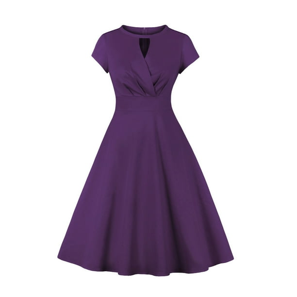 Vestido de bola oscilante de cintura alta con cremallera de Color sólido Retro de estilo informal con cuello redondo para mujer a la moda Fridja qw2273