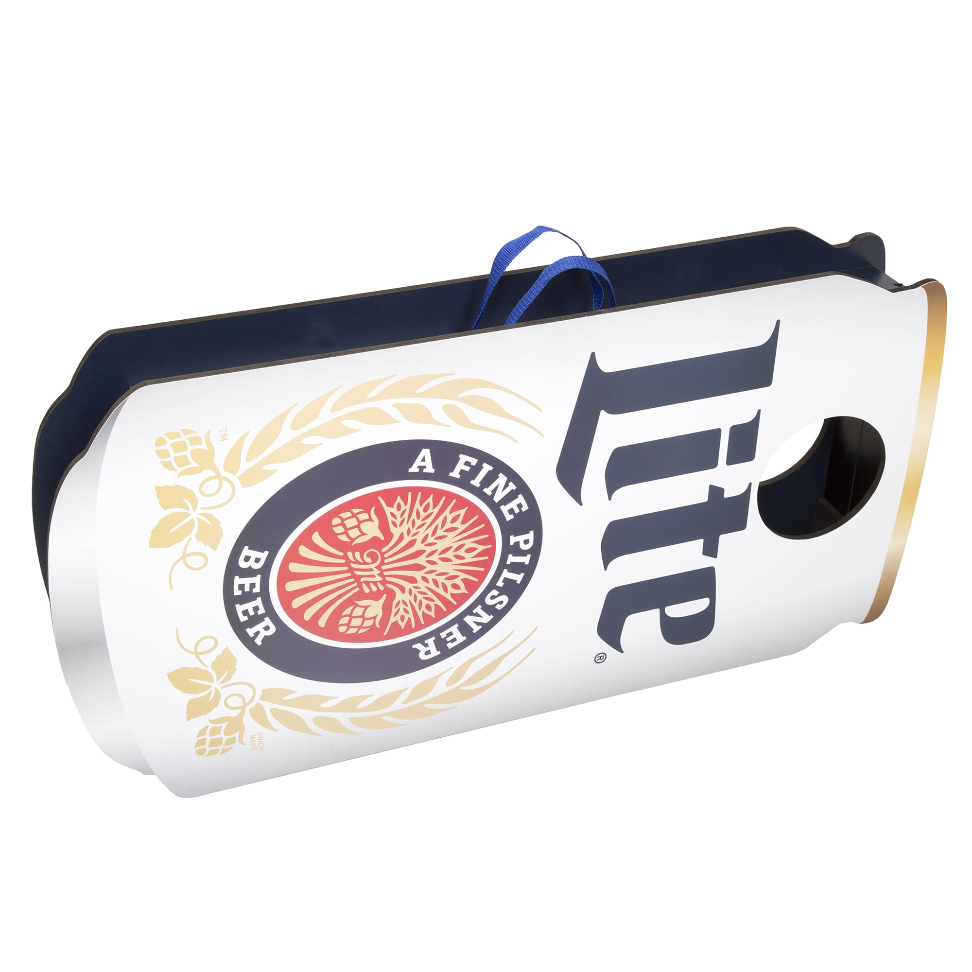 Miller Lite Cornhole Set - Bean Bag Toss Game with 2 Wooden Can-Shaped Boards and 8 Blue and Yellow Bean Bags by Hey! Play!