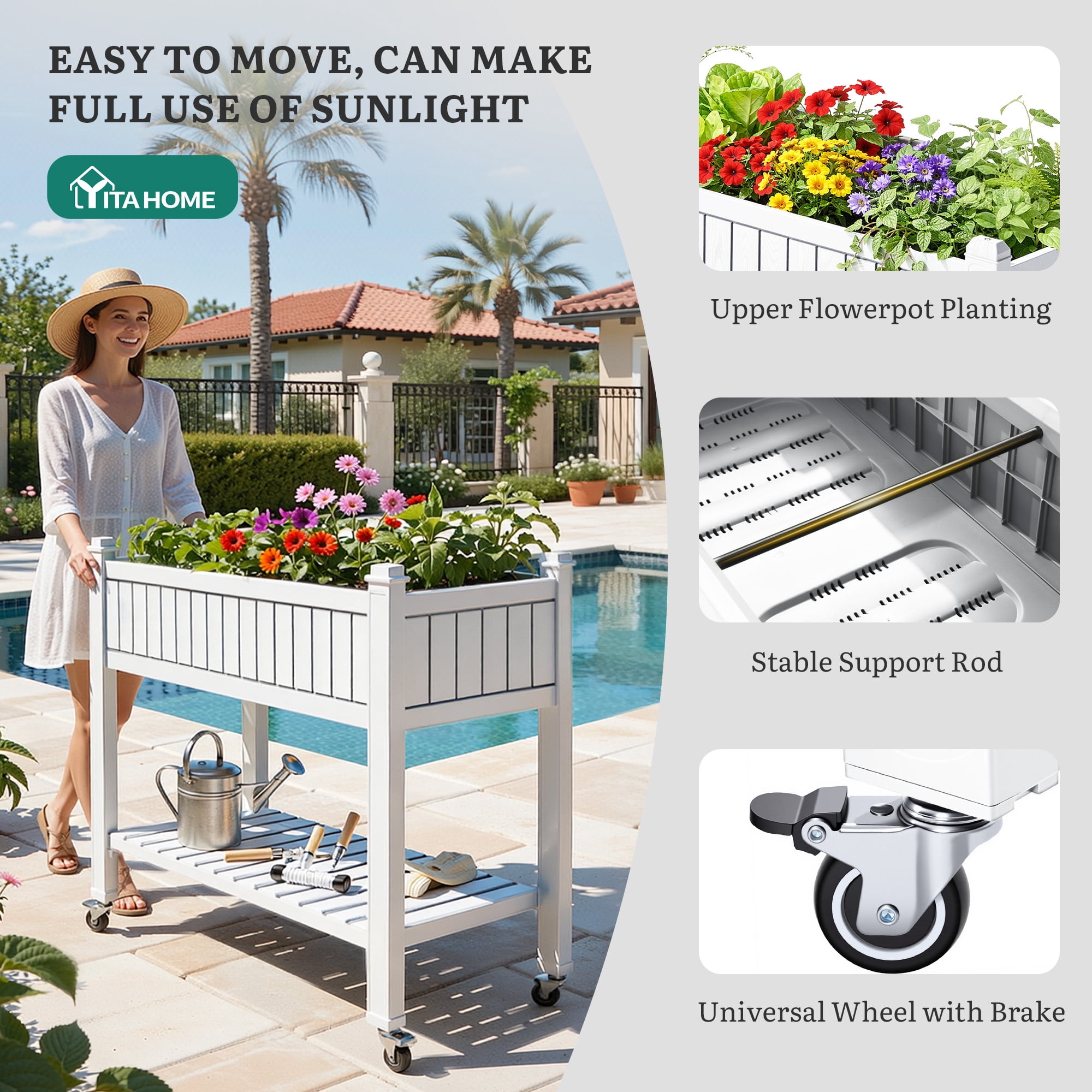 Uforic Mobile Raised Garden Bed 42.5x17.3x35.4 in, Elevated Plastic Planter Box with Drain Plug, Storage Shelf & Wheels, Sliver