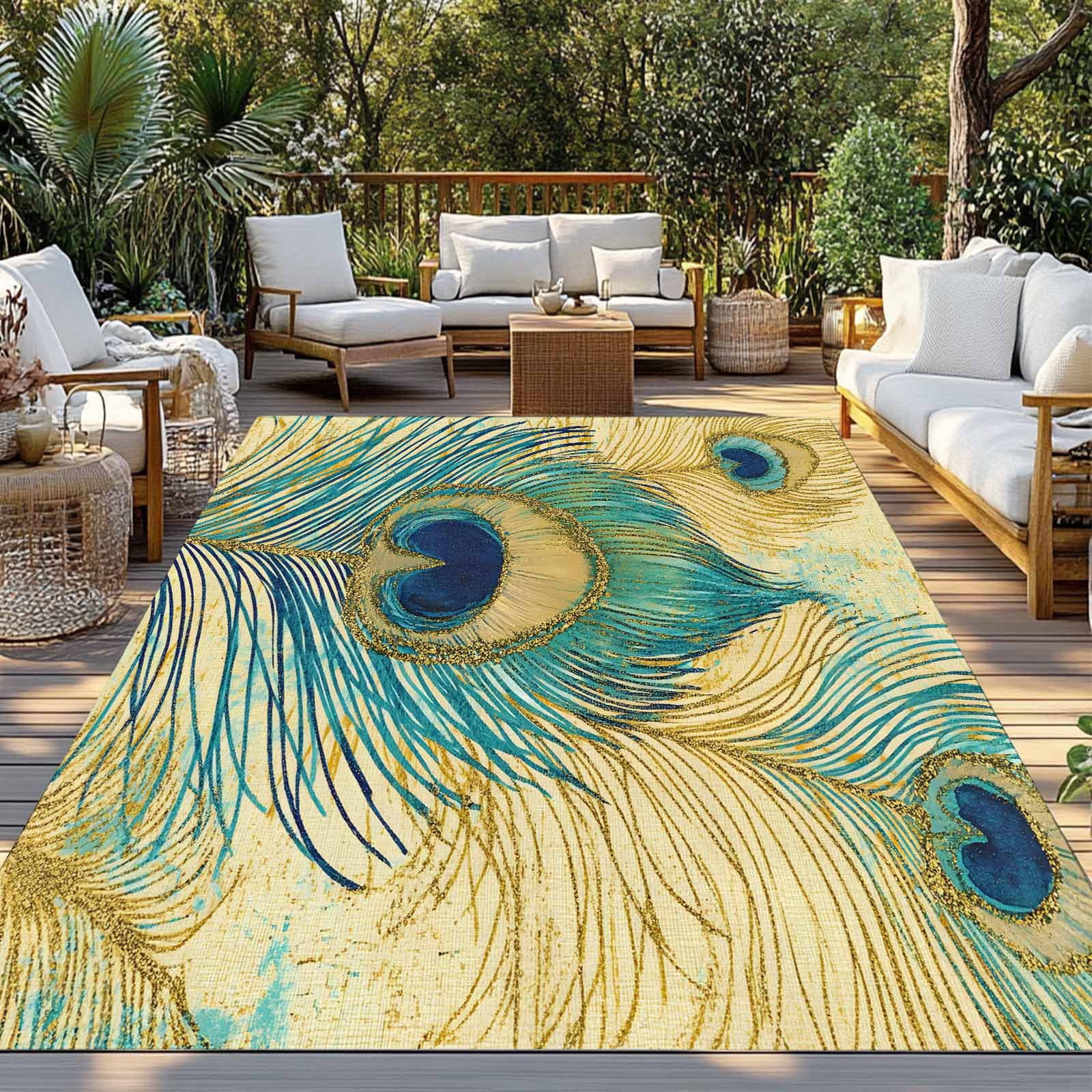 Fsddascl Retro Peacock Feathers Outdoor Rug for Patio/Deck/Porch, Non-Slip Large Area Rug 5 x 8 Ft, Vintage Abstract Art Watercolor Indoor Outdoor Rugs Washable Area Rugs, Camping Rug Carpet