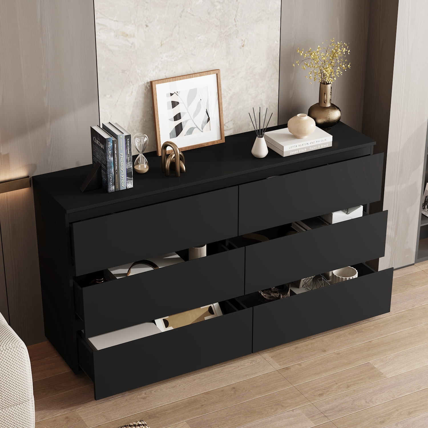 MONSLIPA 6 Drawer Dresser for Bedroom, Storage Organizer Chest of Drawers for Living Room Hallway Entryway, Black