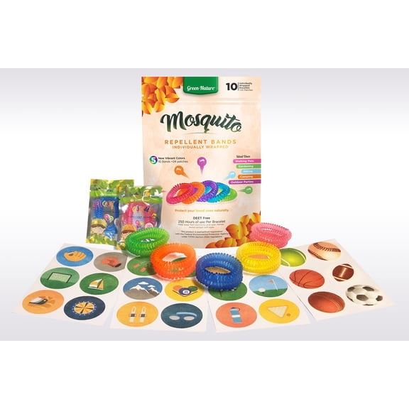 Green-Nature Mosquito Repellent Bracelets 10 Individually Packed Bands and 24 Patches