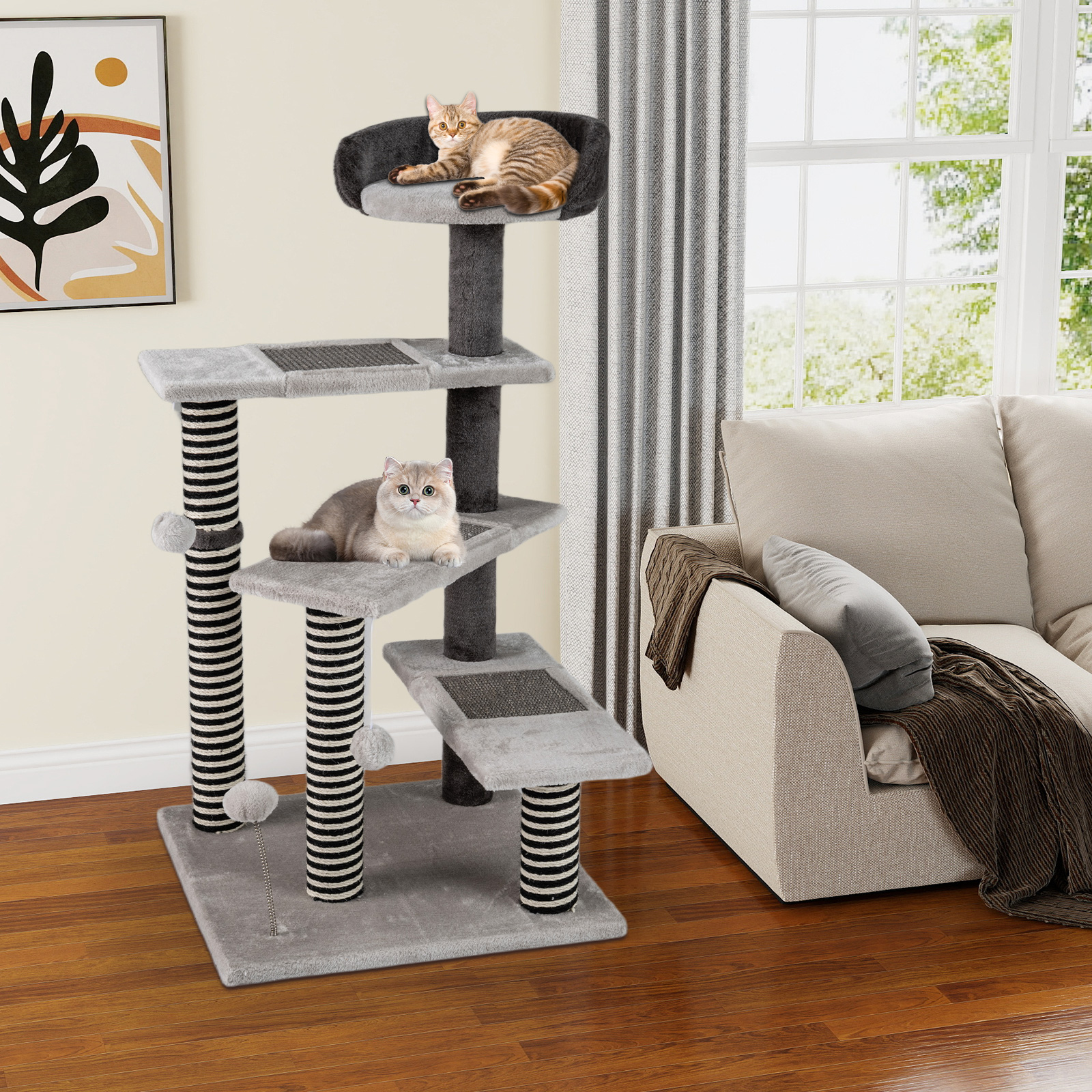 Gymax 2-in-1 Cat Tree Tower Pet Steps w/ Scratching Posts Hanging Toy Ball Perch