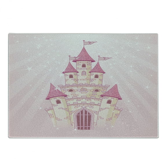 Castle Cutting Board, Wonder Tale Princess Fortress Palace Cartoon Childish Fun Illustration, Decorative Tempered Glass Cutting and Serving Board, in 3 Sizes, by Ambesonne