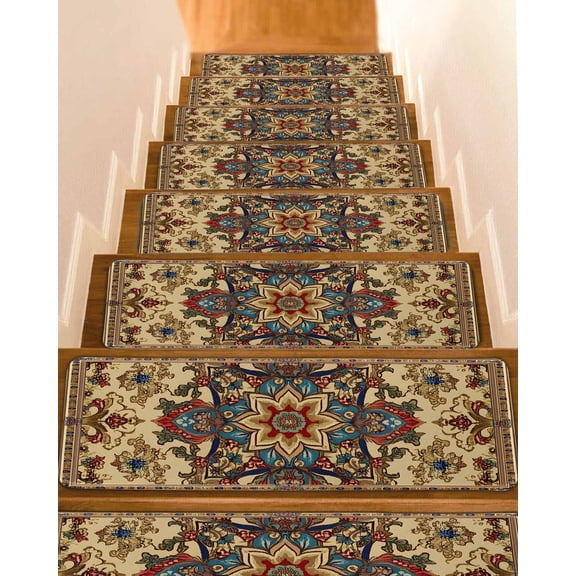Brown Bohemia Floral Non-Slip Stair Treads for Wooden Steps, 4 Pack 8x30 Inches Carpet Stair Mats with Adhesive Backing, Noise-Reducing Step Covers for Indoor Stairs, Easy to Install & Residue-Free