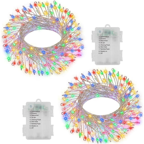 TRAHOO-2 Pack Cluster Lights Battery Operated, 10Ft 200 LED Firecracker Fairy Lights with Timer 8 Modes Twinkle String Lights Silver Wire for DIY Wreath Bedroom Wedding Decoration (Multicolor), 2P-3M