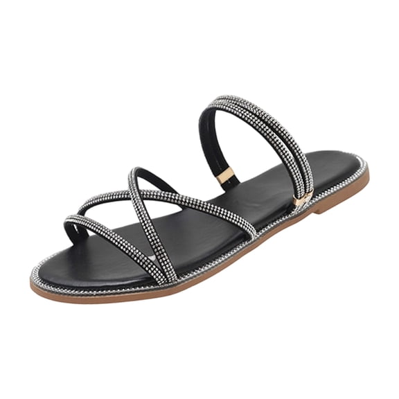 Women's Glitter Rhinestone Flat Criss Cross Strappy Open Toe Sandals On Slippers