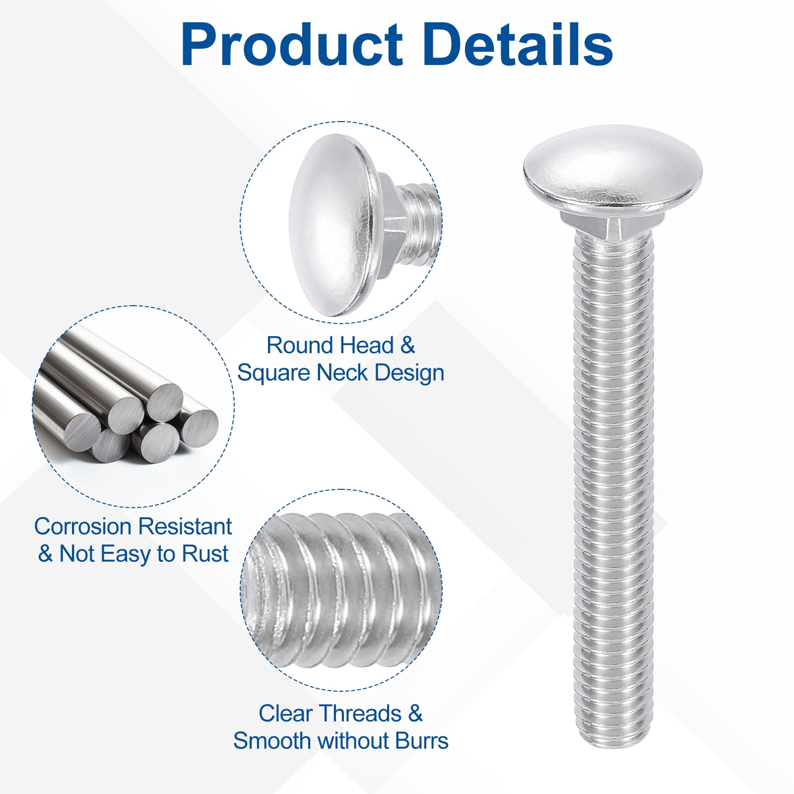 Uxcell 10Pack 3/8"-16x5" Stainless Steel Carriage Bolts Round Head Square Neck, Silver