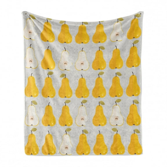Fruit Soft Flannel Fleece Blanket, Repetitive Pears Warm Summer Tones Rhythmic Illustration Healthy Things, Cozy Plush for Indoor and Outdoor Use, 50" x 60", Earth Yellow and Ivory, by Ambesonne