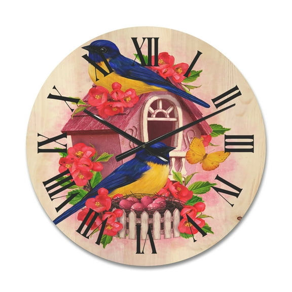 Designart 'Two Yellow and Blue Tit Birds Sitting Near The Nest' Traditional Wood Wall Clock