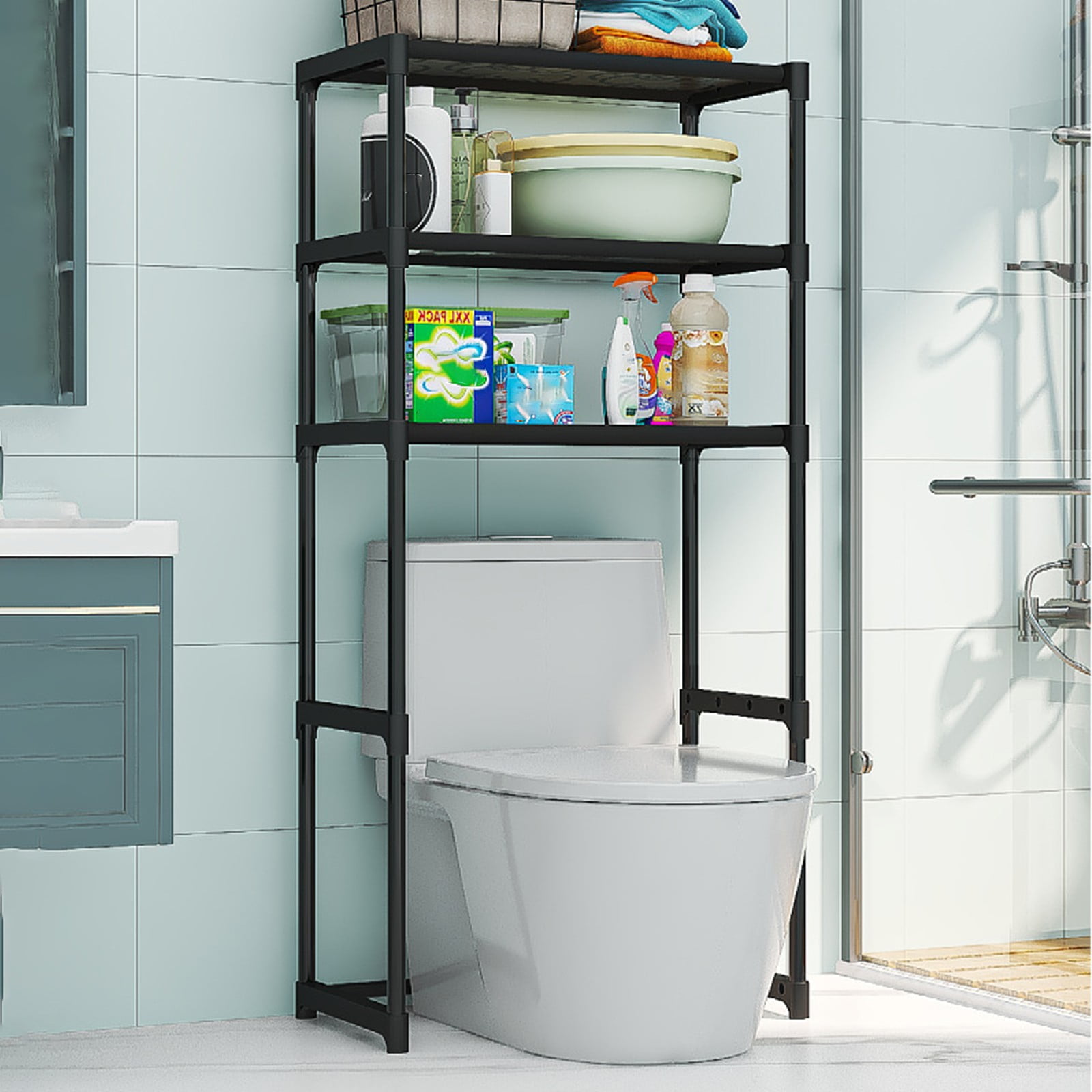 CCWADH 3 Tier Over The Toilet Storage Rack, Plastic Bathroom Organizer Shelves Cabinet Above Toilet, Freestanding Shelf Space Saver, Black