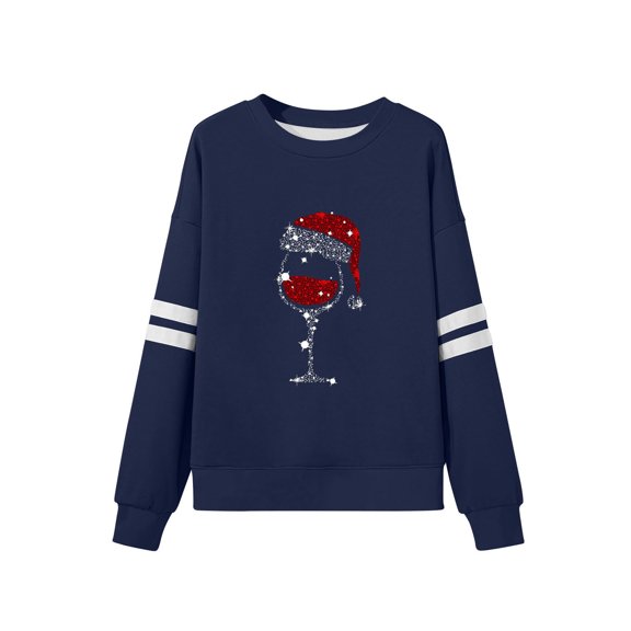 Wowcloth Woman's Casual Christmas Sweatshirt, Relaxed Fit with Long Sleeves and Wine Glass Print, Stylish Loose Pullover for Holiday Festive and Casual Wear