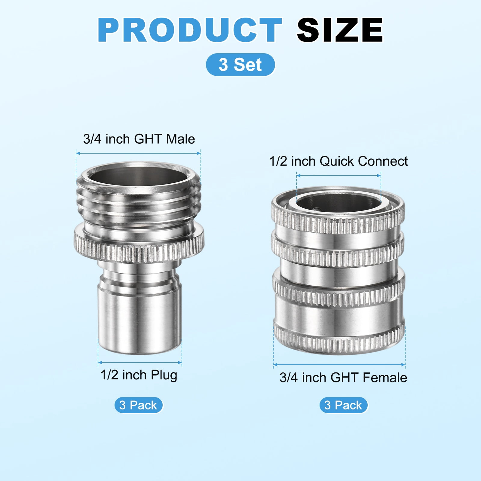 3 Set Garden Hose Quick-Connect, 3/4 Inch GHT Stainless Steel Water Hose Fitting