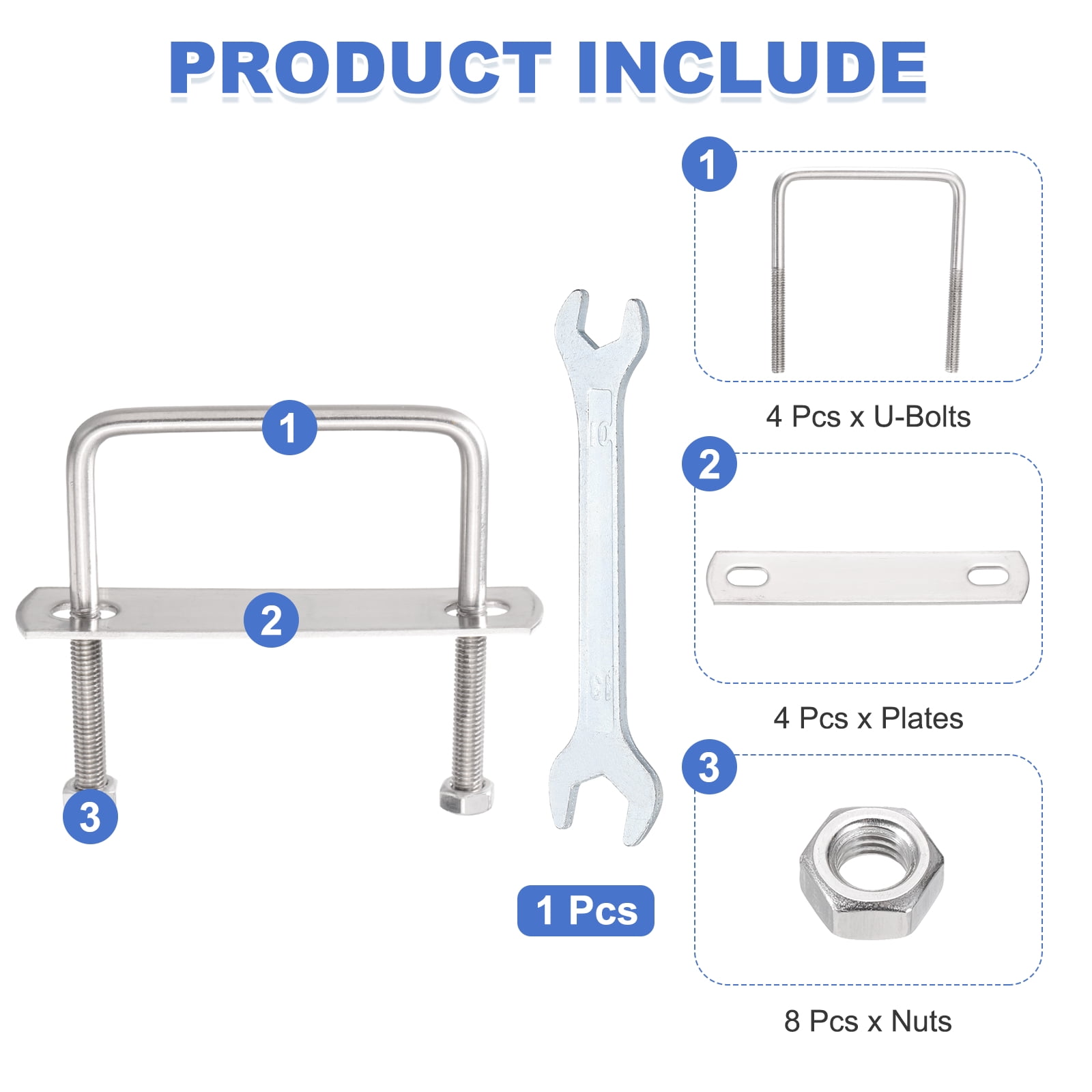 Uxcell 4 Sets M8 Square U-Bolts, 2.01" Inner Width 1.97" Length 304 Stainless Steel U Clamp Bolts with Nuts, Plates and Wrench