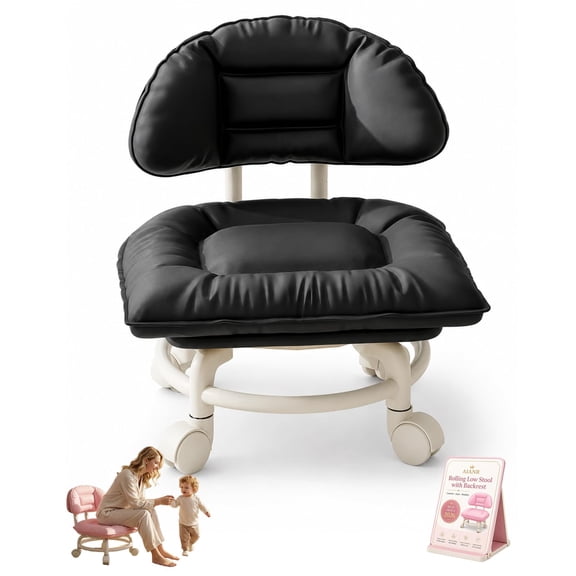 Rolling Low Stool with Backrest PU Leather Swivel Chair for Garage Office
