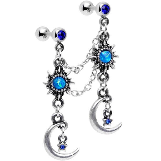 Body Candy 16G Steel 1/4" Blue Accent Moon Star Cartilage Chain Earring