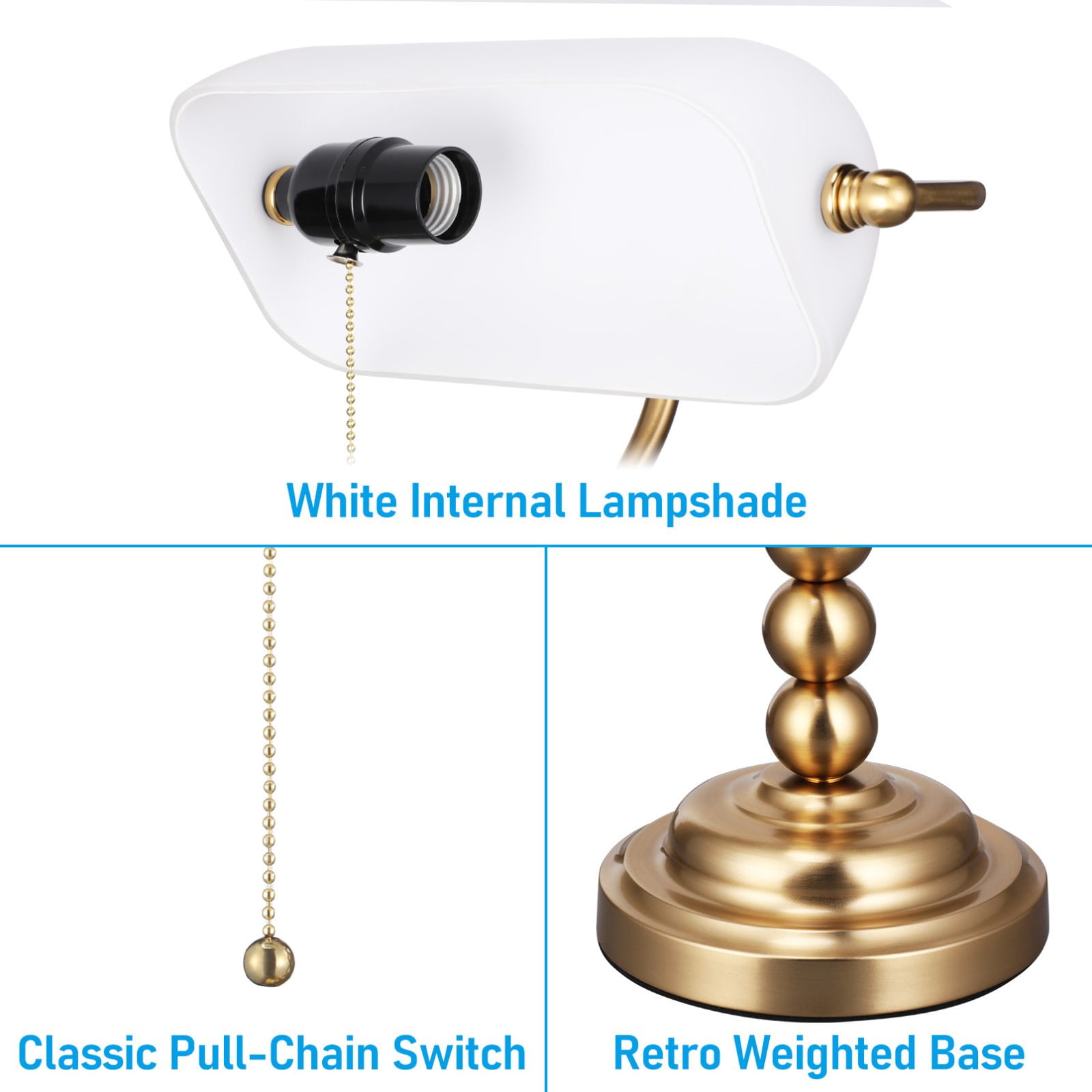 2 Pack Antique Bankers Desk Lamp, Ivory White Glass Table Lamps, E26 Base Traditional Lamp with Pull Chain, Library Lamps for Home Office