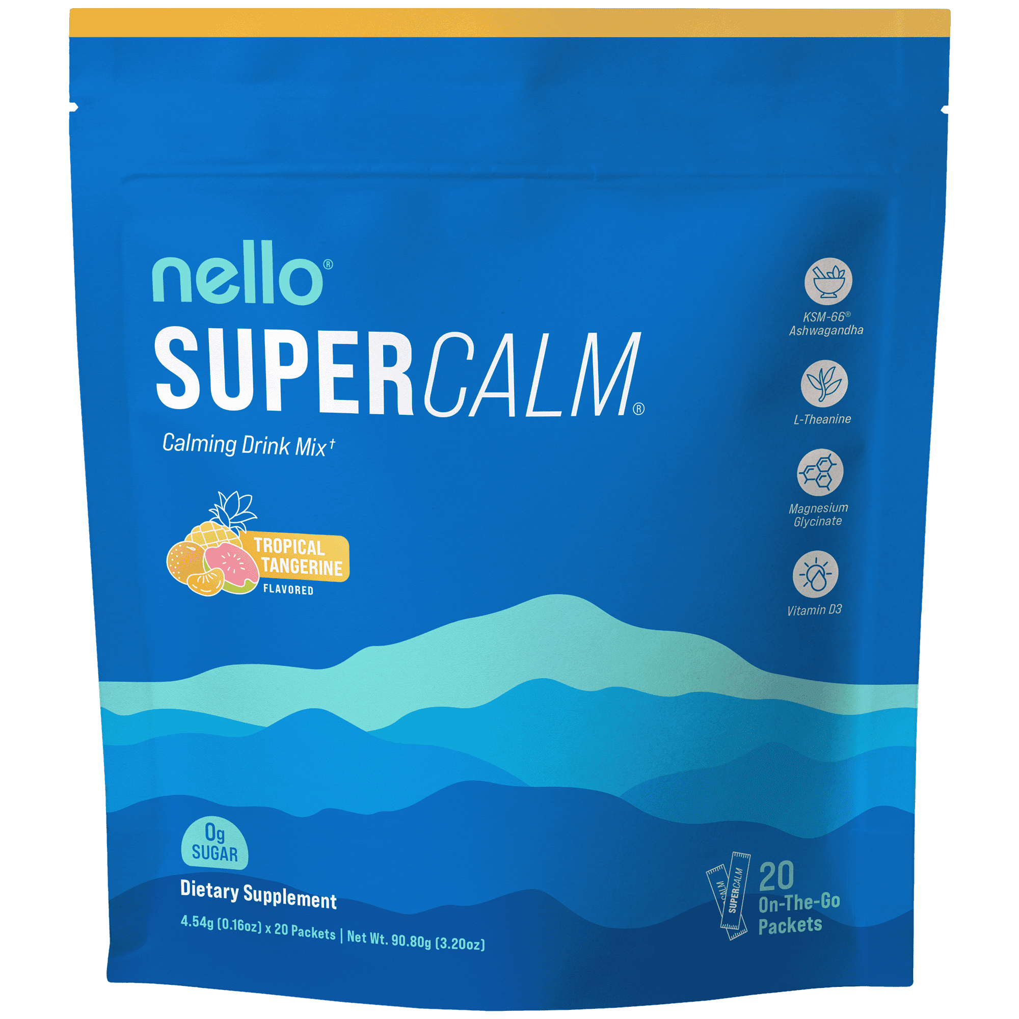 Nello Supercalm Drink Mix - Ashwagandha KSM 66, Magnesium Glycinate & L-Theanine Supplement - Ashwagandha Root Extract - Focus and Relaxation Support (20 Travel Packets) - Tropical Tangerine