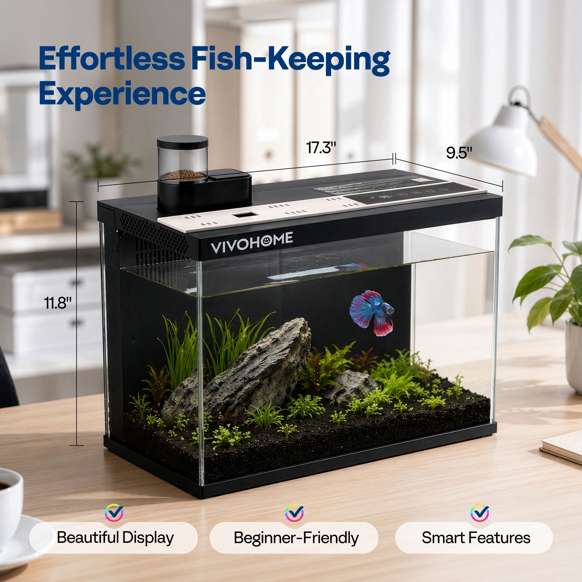 SPECSTAR 5 Gallon Fish Tank, Aquarium Starter Kit with Auto Feeder, RGB LED Light, Filter,  Temperature Display,for Betta, Shrimp,APP Control