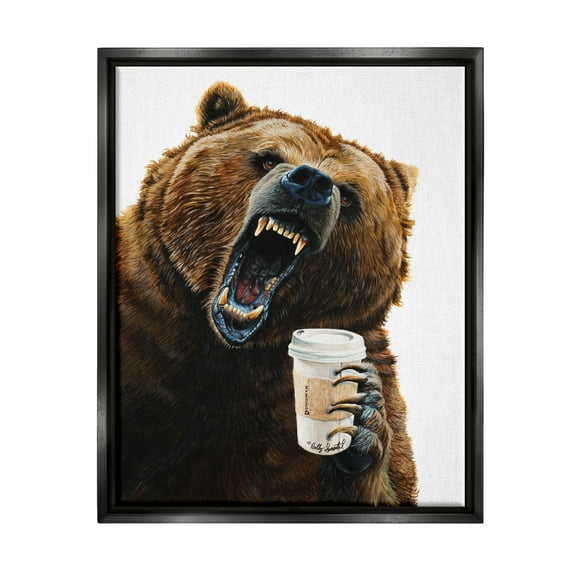 Stupell Industries Roaring Bear with Coffee Animals & Insects Painting Black Floater Framed Art Print Wall Art, 17 x 21