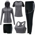 thumbnail image 1 of Conjuntos de chándal para mujer, conjunto deportivo suave y cómodo de secado rápido para correr, trotar, gimnasio, entrenamiento, conjunto de 5 piezas: sujetador deportivo, camiseta, abrigo y 2 p, 1 of 5