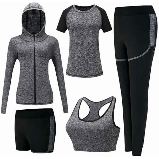 Conjuntos de chándal para mujer, conjunto deportivo suave y cómodo de secado rápido para correr, trotar, gimnasio, entrenamiento, conjunto de 5 piezas: sujetador deportivo, camiseta, abrigo y 2 p