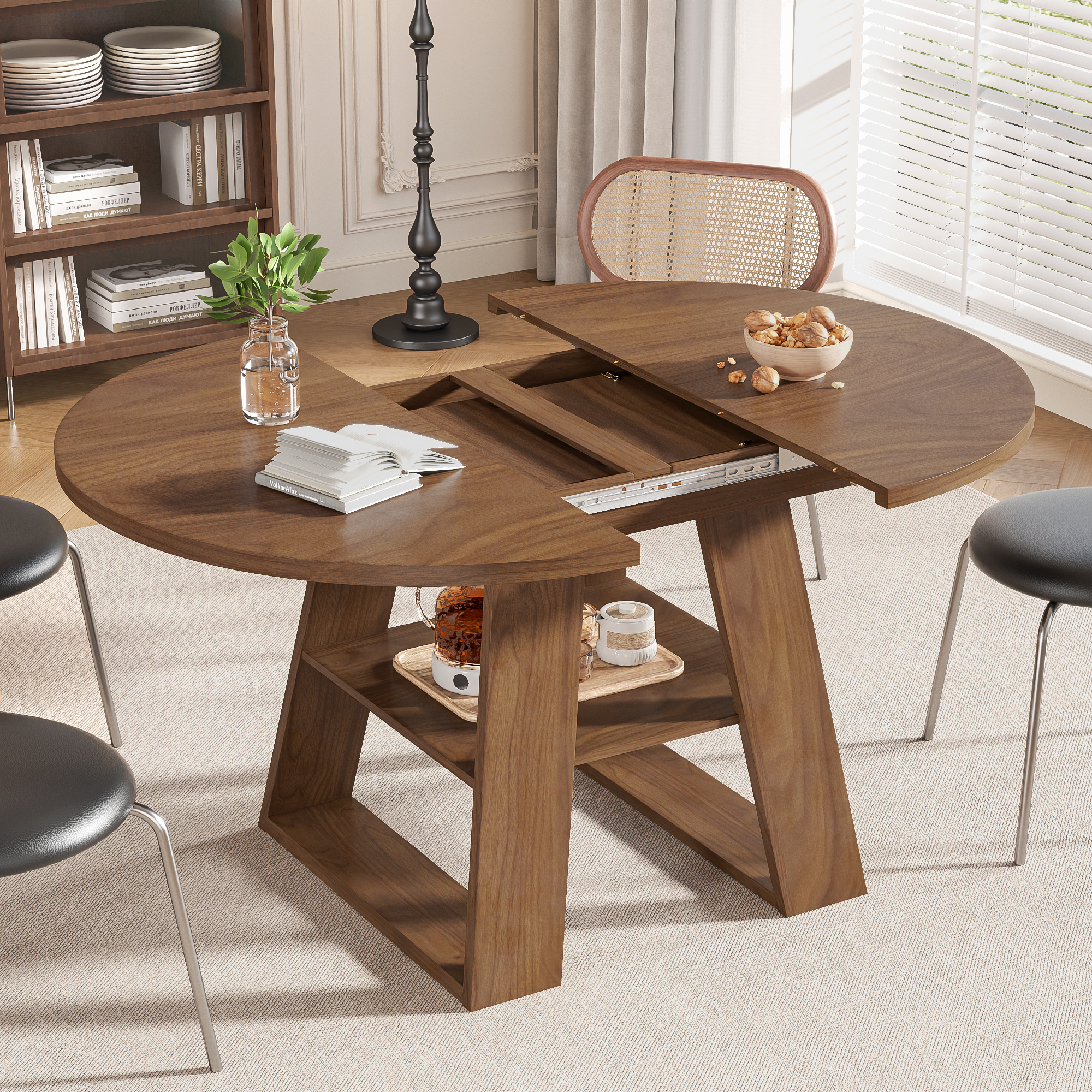 Extendable Round Dining Table for 4, Modern Oval Kitchen Dining Table with Storage Shelf, Dinner Table for Living Room, Walnut