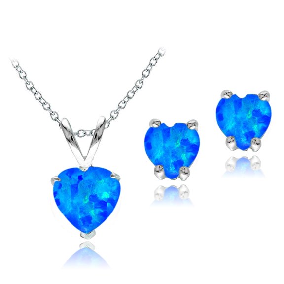 Sterling Silver Created Blue Opal Heart Solitaire Pendant & Stud Earrings Set