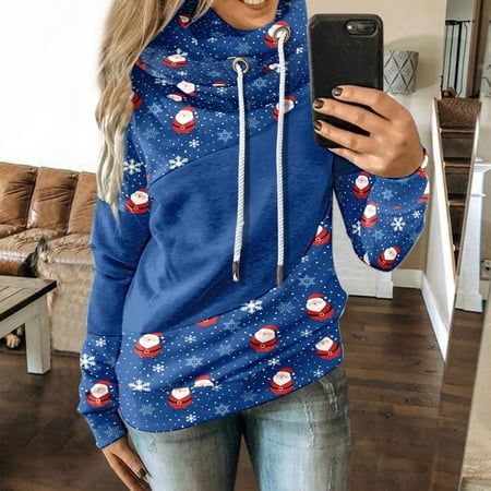 

jsaierl Womens Hoodies Sweatshirts Cowl Neck Drawstring Pullover Long Sleeve Christmas Printed Cute Tops for Women Loose Tunic Hooded Sweatshirt for Holiday