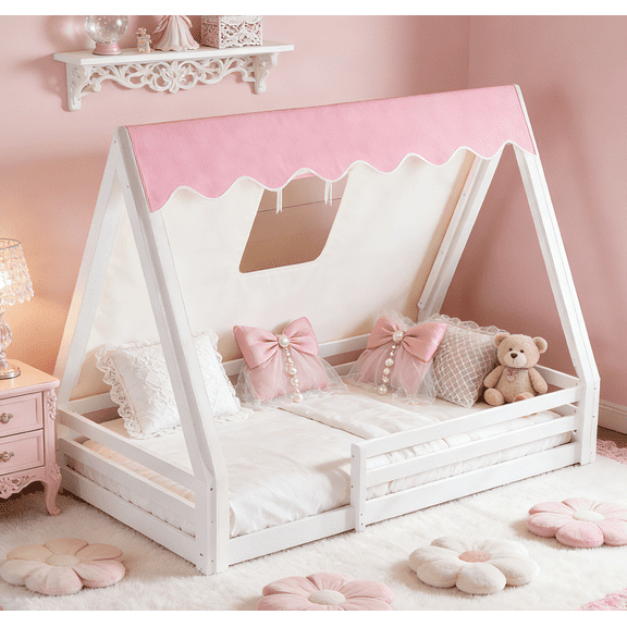 Bellemave Twin Size Teepee House Floor Bed Frame with Tent and Light, Solid Wood Montessori Floor Bed with Guardrails, Bedroom, No Spring Box Needed