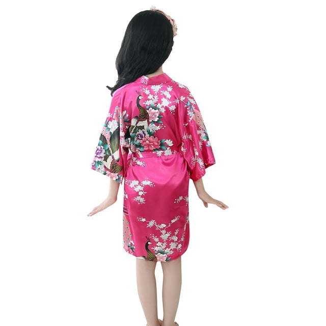 TIEVOSA Kid Girls Floral Silk Satin Kimono Robes Bathrobe Sleepwear Clothes
