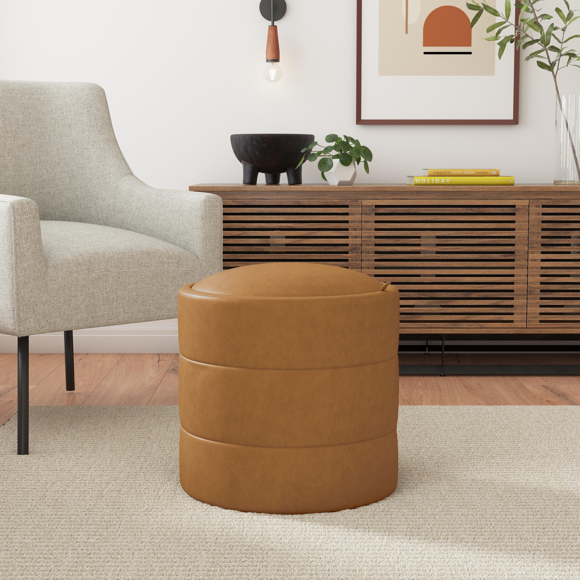 HomePop Round Storage Ottoman, Carmel Faux Leather