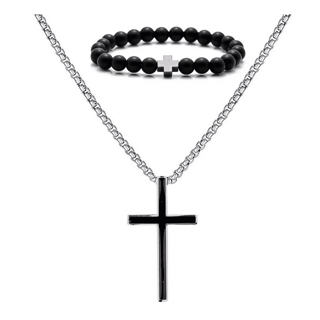 De Cruz Hombre Y Pulsera Acero Inoxidable negro plata