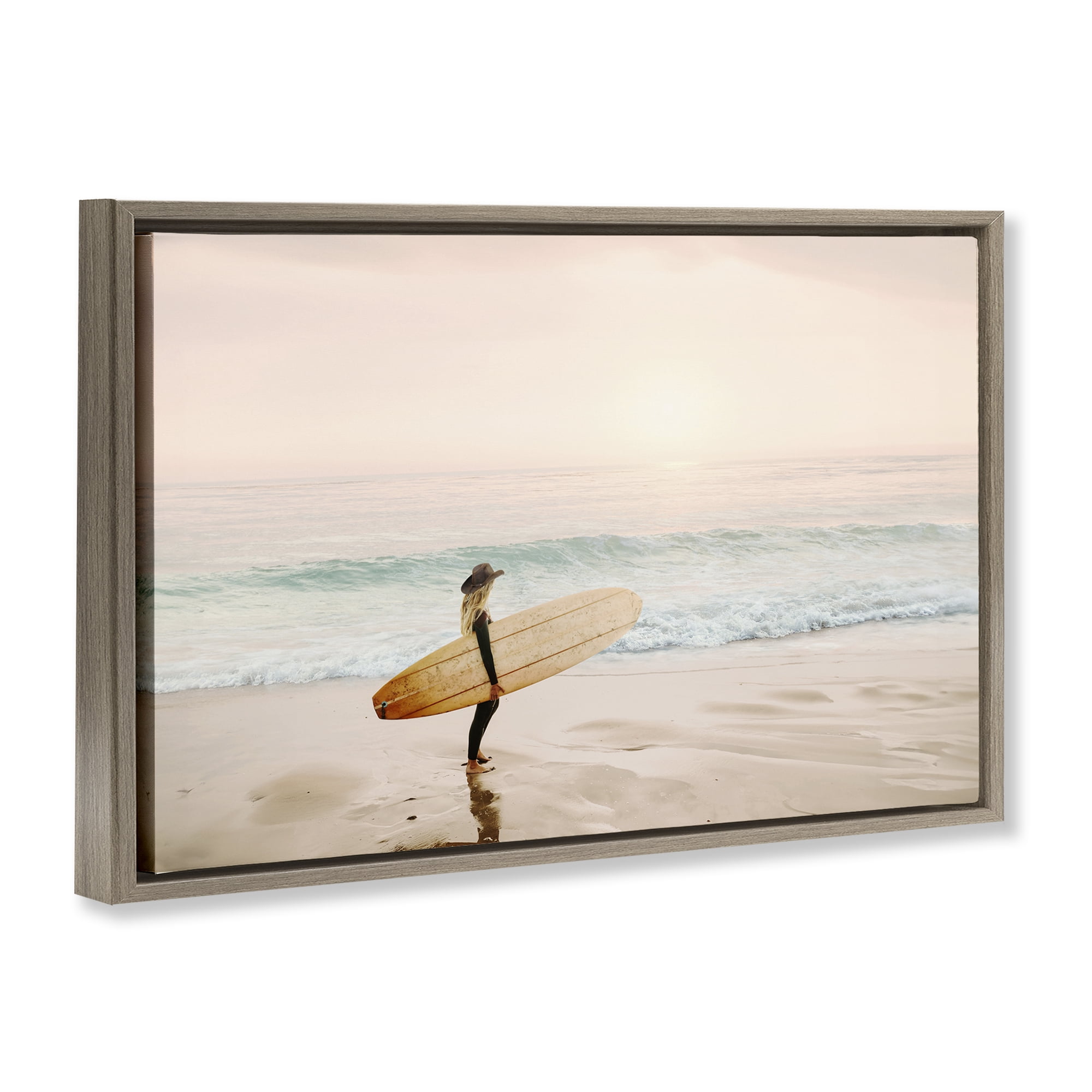Stupell Industries Surfer Cowgirl on Beach Sports Photography Brown Floater Framed Canvas Art Print Wall Art, 31 x 21