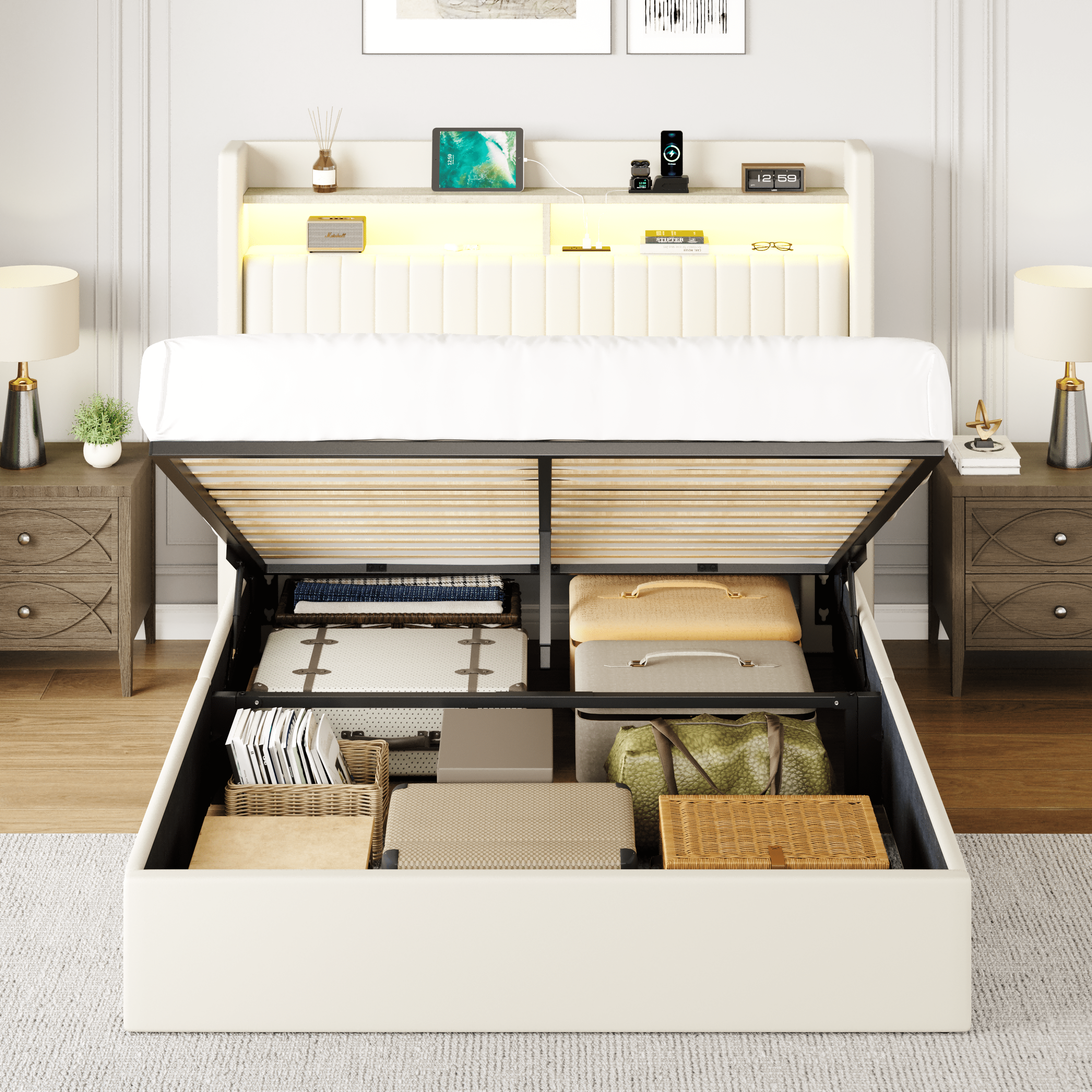 Amolife Full Hydraulic Lift-Up Storage Bed Frame, LED Headboard with Fast Charging (USB/Type-C), 2-Tier Shelves & Velvet Upholstered, Cream