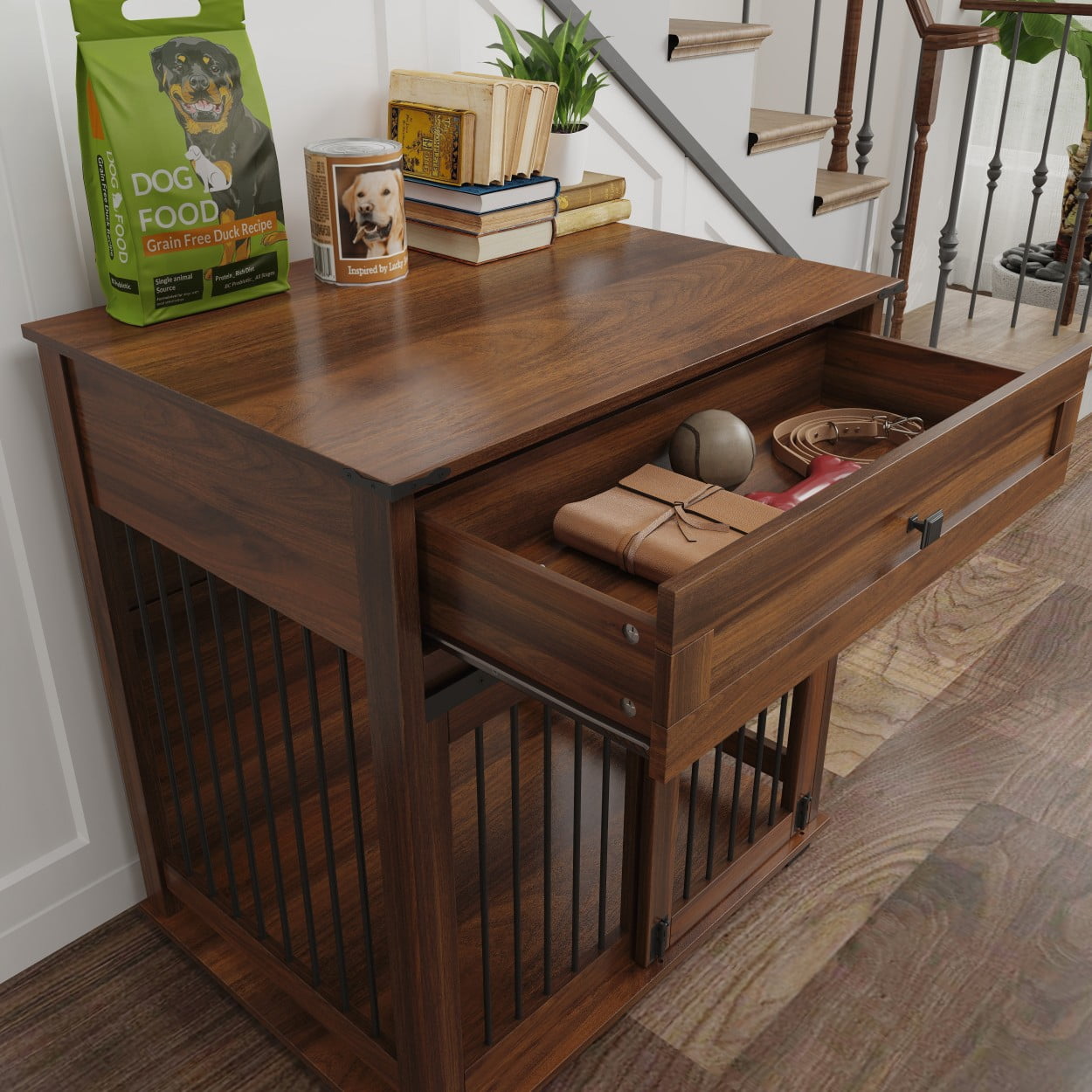 Dog Crate Furniture with Sliding Barn Door, Storage Drawer & Metal Bars, Heavy Duty Indoor Kennel End Table for Small & Medium Dogs, Walnut