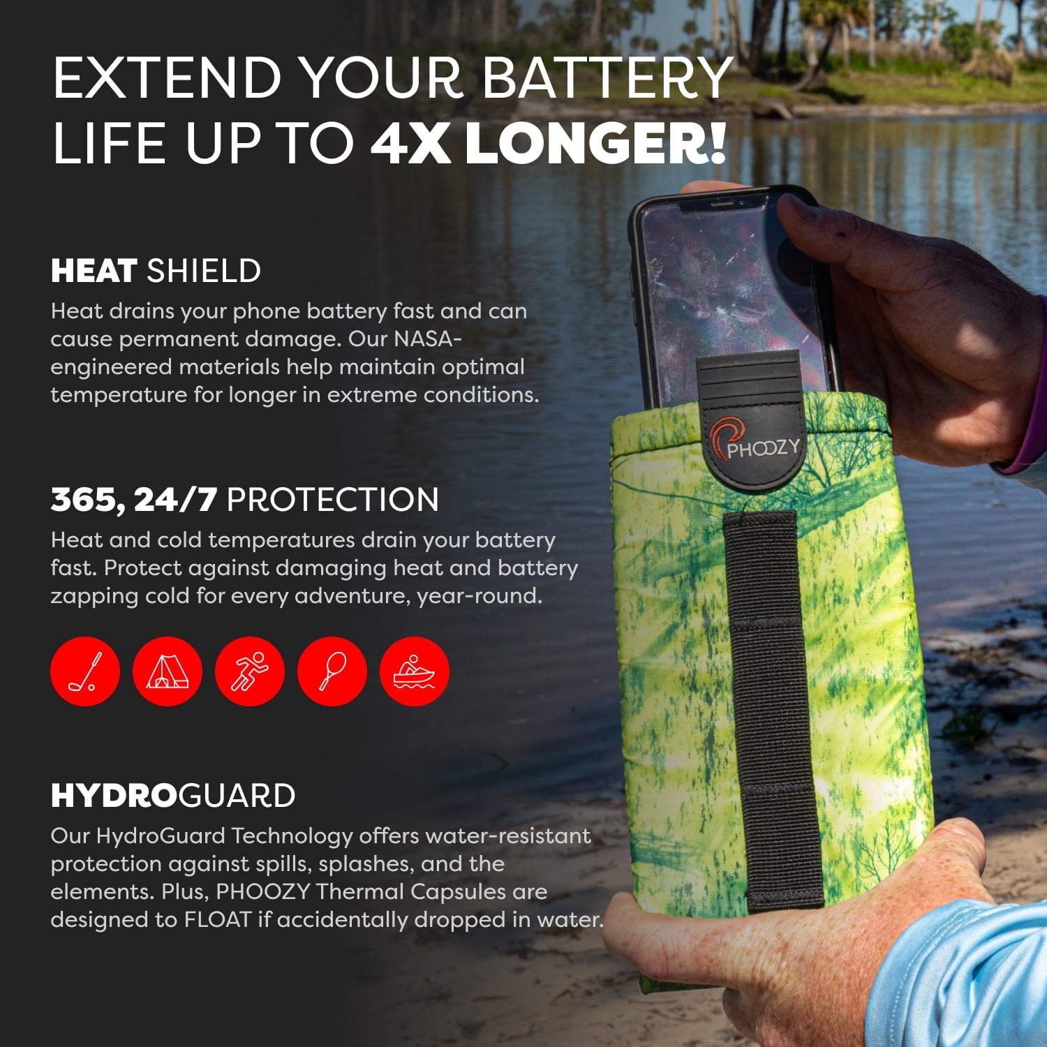 PHOOZY Thermal Phone Case - XP3 Series: Ultra-Rugged Insulated Cell Phone Pouch Prevents Overheating, Extends Battery Life, Drop Protection, Floats in Water, New AGION Lining (Large - Mahi Green)