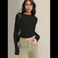thumbnail image 4 of Tops Cortos Ajustados para Mujer para Salir, Informales, de Color Liso, con Cuello Redondo, Larga, Ajustados, Ropa de Calle Básica Negro M, 4 of 8
