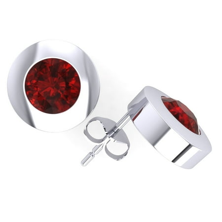 Real 1Ct Round Ruby Solitaire Stud Earrings 14Karat White Gold Bezel Push Back AAA Quality