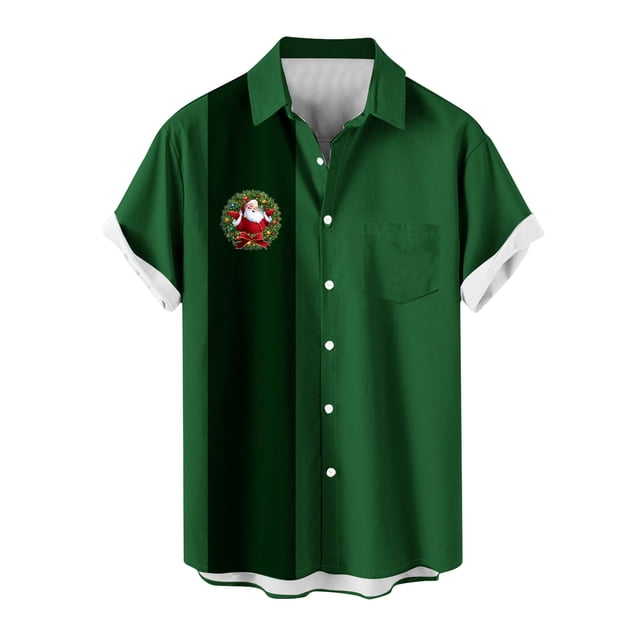 Mens Manga Corta Botón Abajo Camisas, Cuello de Vuelta Navidad Impresa Blusa, Top de Moda Casual