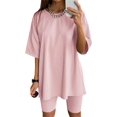 thumbnail image 1 of Conjunto de 2 piezas para mujer, camiseta informal de gran tamaño, pantalones cortos de ciclista, chándal deportivo para entrenamiento, 1 of 2