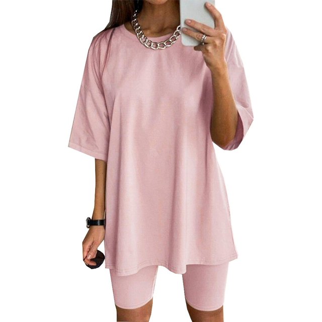 Conjunto de 2 piezas para mujer, camiseta informal de gran tamaño, pantalones cortos de ciclista, chándal deportivo para entrenamiento