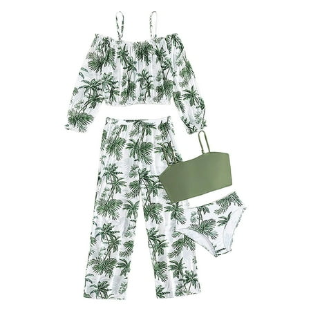 eczipvz Girls Swimsuit 3 Piece Tropical Print Bathing Suit V Neck Bikini Set with Cover Up Pants(Green 9-10 Years)