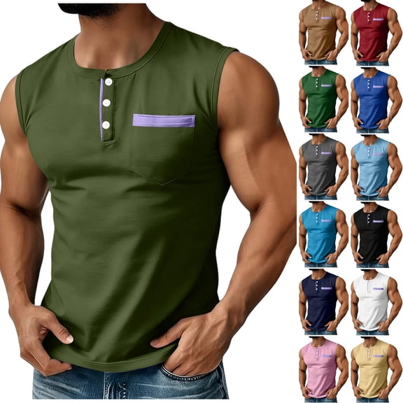 Antinious Men Stripe Sleeveless Crewneck Summer Button Pocket Tank Tops