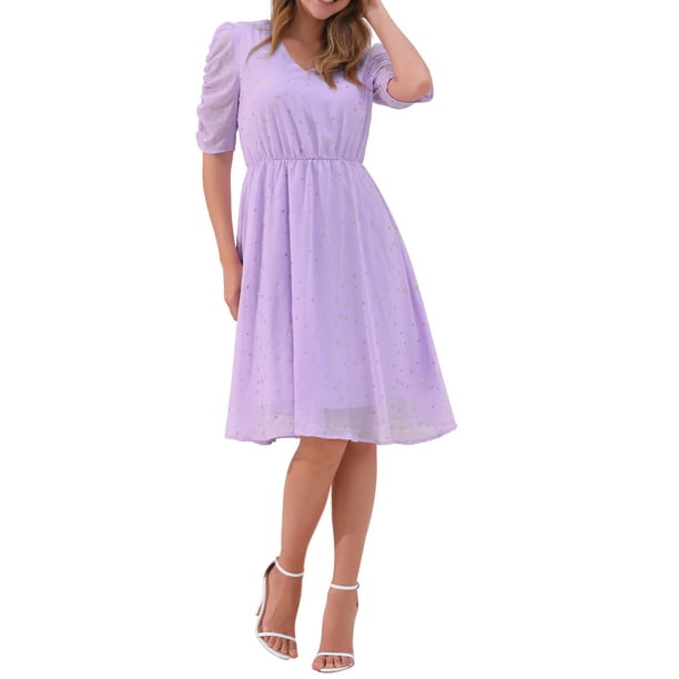 Vestido A-line de Chiffon con Estrellas Metálicas y Mangas Fruncidas para Mujeres INSPIRE CHIC en Morado