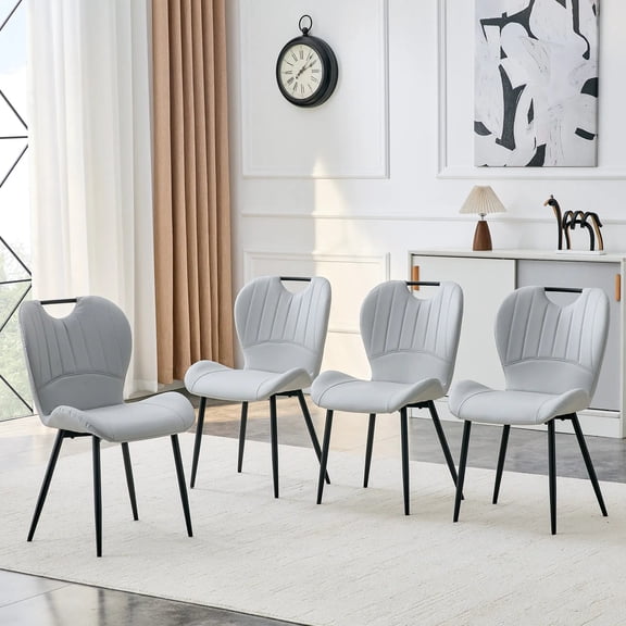 Set of 4 Light Grey PU Dining Chairs with Handle Black Metal Frame